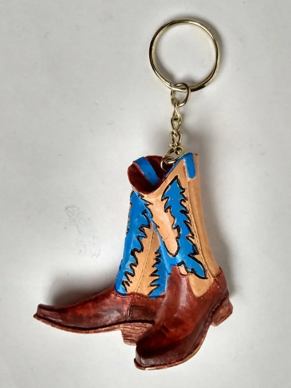 Vtg Tiny Pair of Cowboy Boots Keychain Keyring Hand Painted Blue Brown Western
